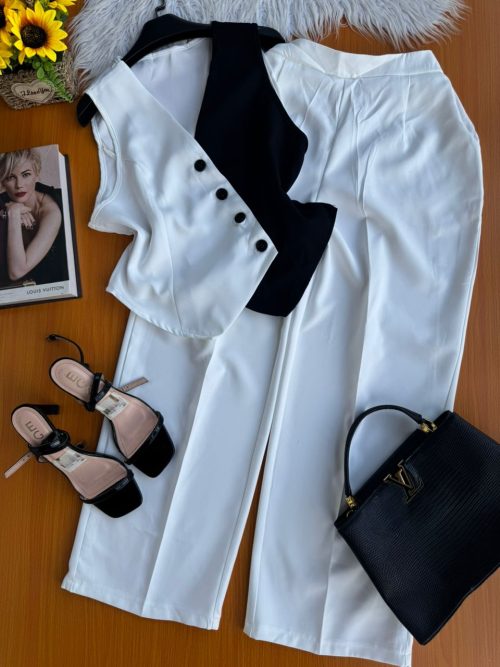 Black Pants and White Corperate Blouse.