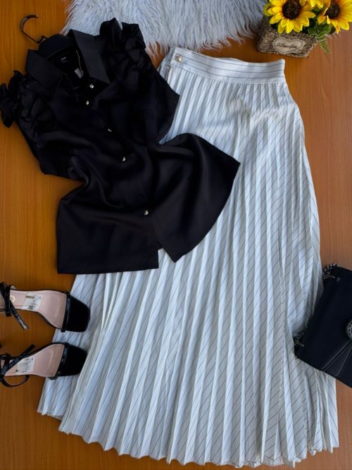 White pleated skirt and Black blouse